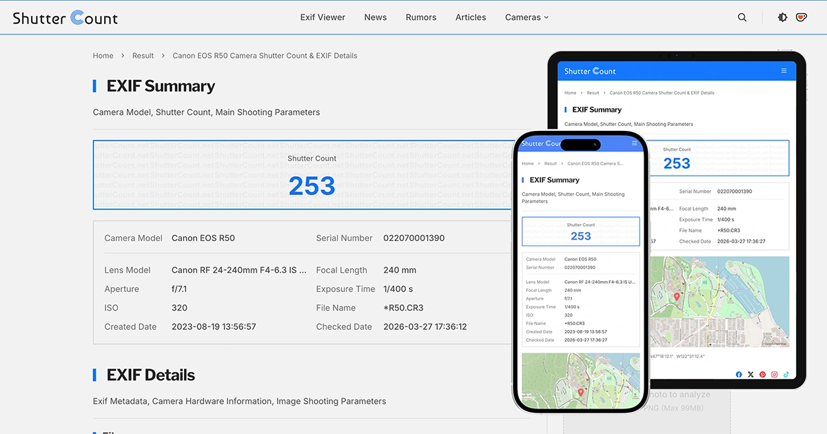 Free Camera Shutter Count Checker & EXIF Viewer | ShutterCount.net